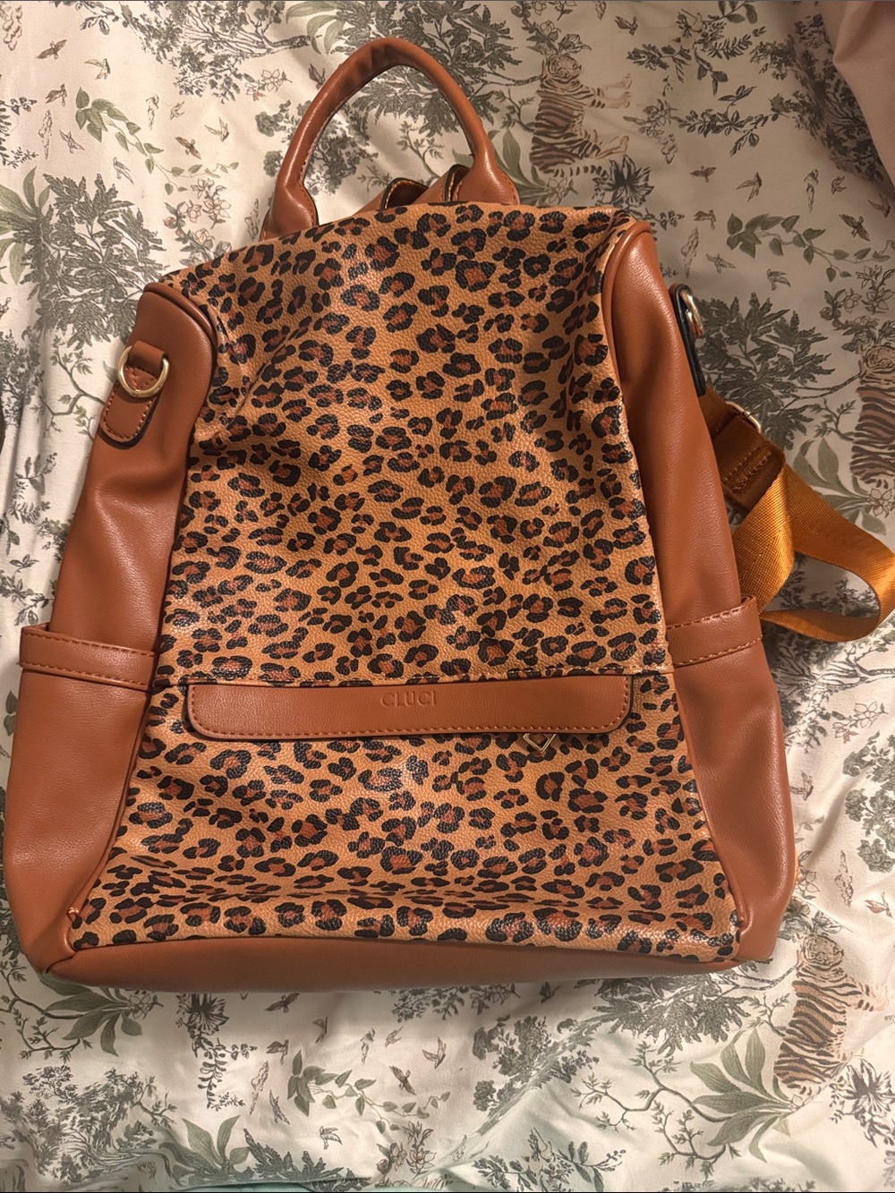 Leopard Print Backpack with Tan Leather Trim